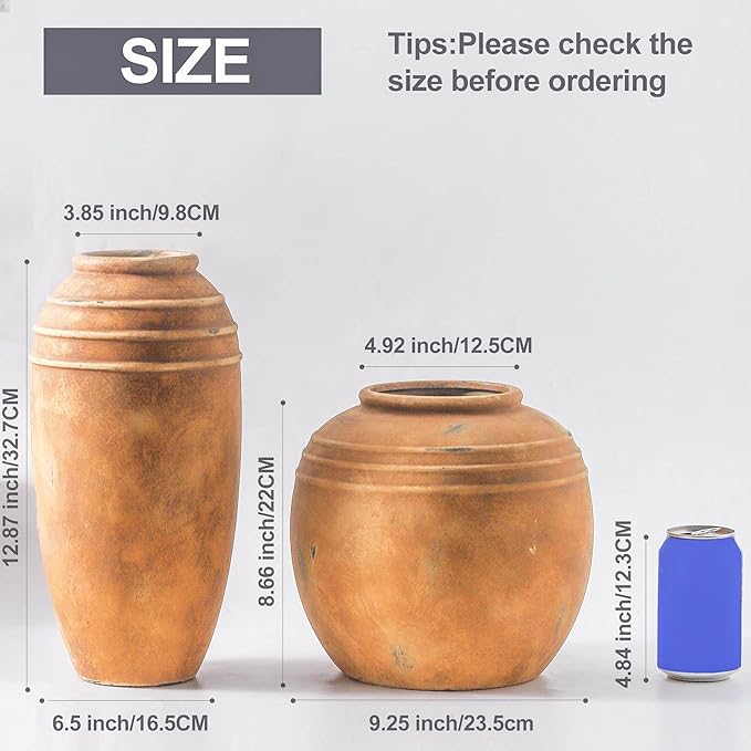 Large Ceramic Vase, 8.66 inch Tall Round Rustic Vase, Pottery Farmhouse Flower Vases for Home Decor, Living Room Shelf Decor, Enterway, Table