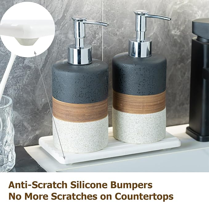 Ceramic Dish Soap Dispensers Set(2 Pack), Hand, Dish, Shower Soap Dispenser for Kitchen Sink & Bathroom, Includes Stainless Steel Pump, Silicone Funnel & Diatomaceous Holder, Black