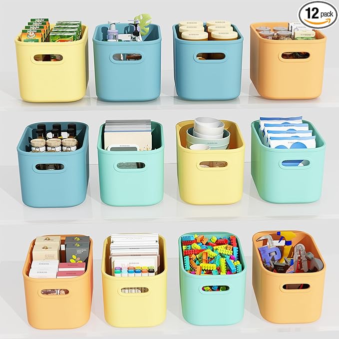 8 Pack Colorful Storage Bins for Shelves, Plastic Storage Containers for Organizing, Stackable Storage Boxes with Handle, Colored Storage Bins for Classroom, Craft, Snacks, Cabinet, 9.7x6.7x5.7 inch