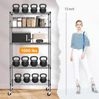 YNN Storage Shelves,1750Lbs 5 Tier Heavy Duty Metal Rolling Shelving Unit with Wheels & 8 Hooks, Adjustable Garage Wire Rack for Kitchen, Bathroom,Industrial,Pantry(36" W x 14" D x 72" H,Black)