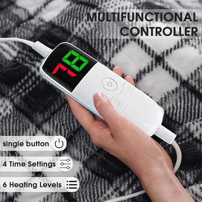 Heated Electric Blanket Queen Size, 84X90 Heating Blanket Queen with Dual Control&10 Heats Levels&Timer for Bed,Black Plaid Sherpa Large Blankets Warmer Gift for Grandma Women Adults, Washable,ETL