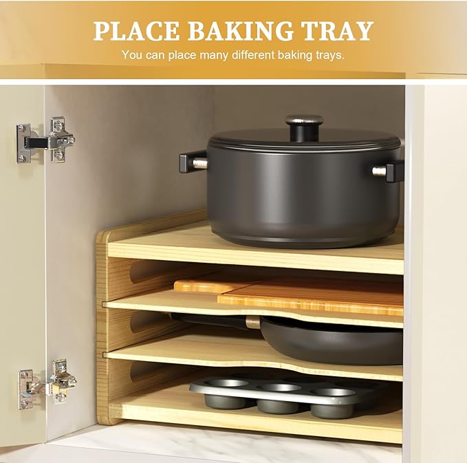 4 Tier Wooden Cabinet Tray Dividers, Kitchen Vertical Baking Sheet Organizer, Storing Pans, Baking Trays, Cutting Board