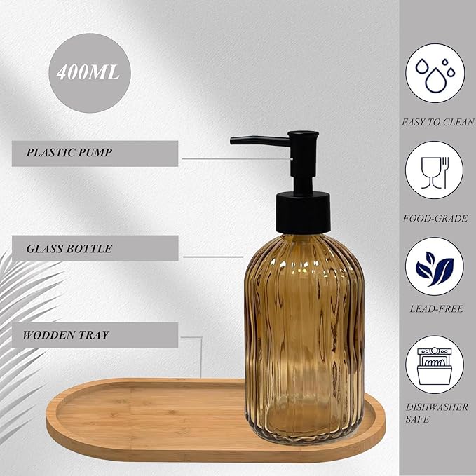 Glass Hand and Dish Soap Dispenser Set of 2 with Plastic Pumps, Bamboo Tray, 13.5oz Brown Bathroom Soap Dispenser with Vertical Stripe for Hand Wash & Dish Wash, Ideal for Bathroom Kitchen Countertop