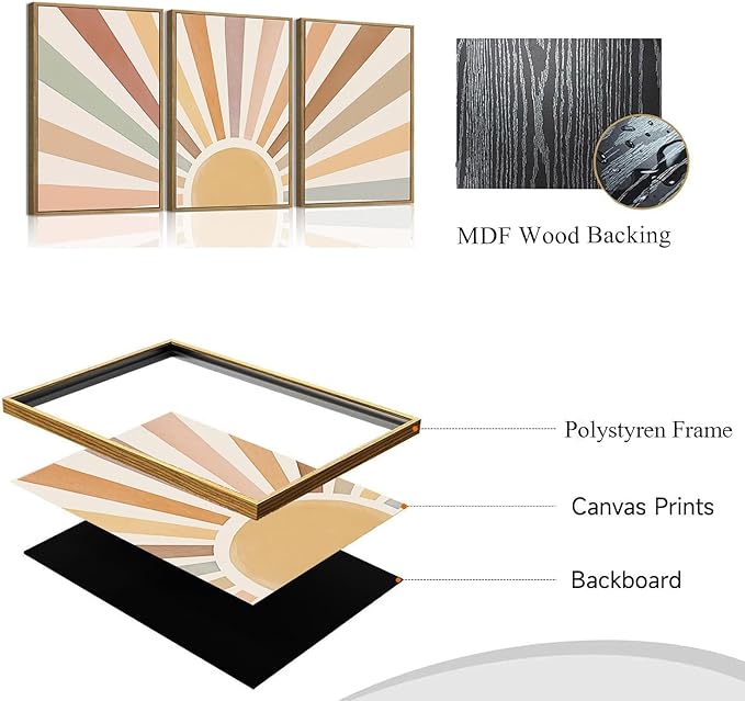 Bwodke Boho Wall Art, Framed Abstract Wall Art, Sun Rising on the Horizon Neutral Canvas Wall Decor, Mid Century Geometric Pictures Set of 3, Minimalist Paintings, for Bedroom Living Room Bathroom 16"x24"