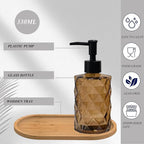 Glass Hand and Dish Soap Dispenser Set of 2 with Plastic Pumps, Bamboo Tray, 12oz Brown Bathroom Soap Dispenser with Diamond for Hand Wash & Dish Wash, Ideal for Bathroom Kitchen Countertop