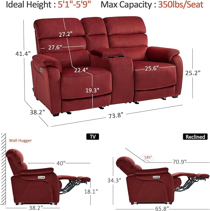 MCombo Zero Wall Recliner Loveseat with Console, Power Recliner Loveseat with Adjustable Headrest, USB A & C Charge Ports, Cup Holders, for Living Room, RVs, Small Spaces (Fabric, ST258M2, Burgundy)