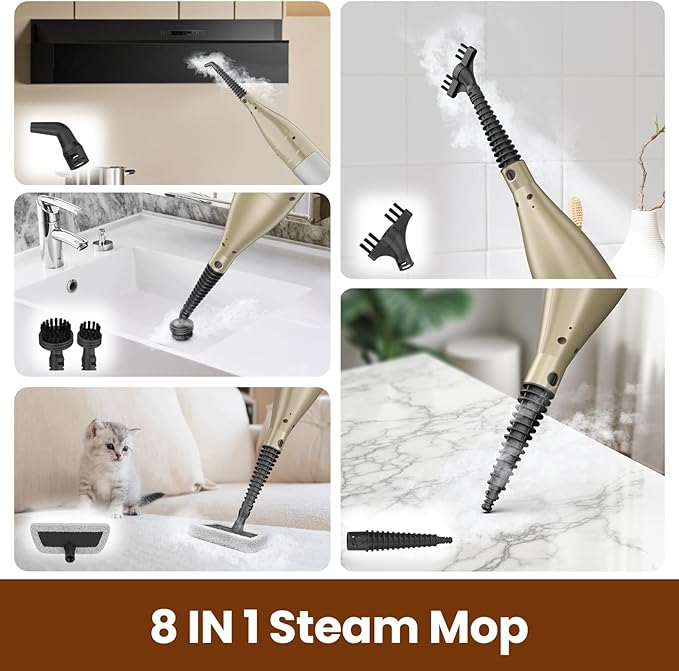 DEVOAC VM6 Scrubbing Steam Mop with Rotating Mop Pads, 10 in 1 Steam Mop, Lightweight Spin Mop & 3 Steam Modes for Hard Floor Laminate Marble Floors (Khaki)