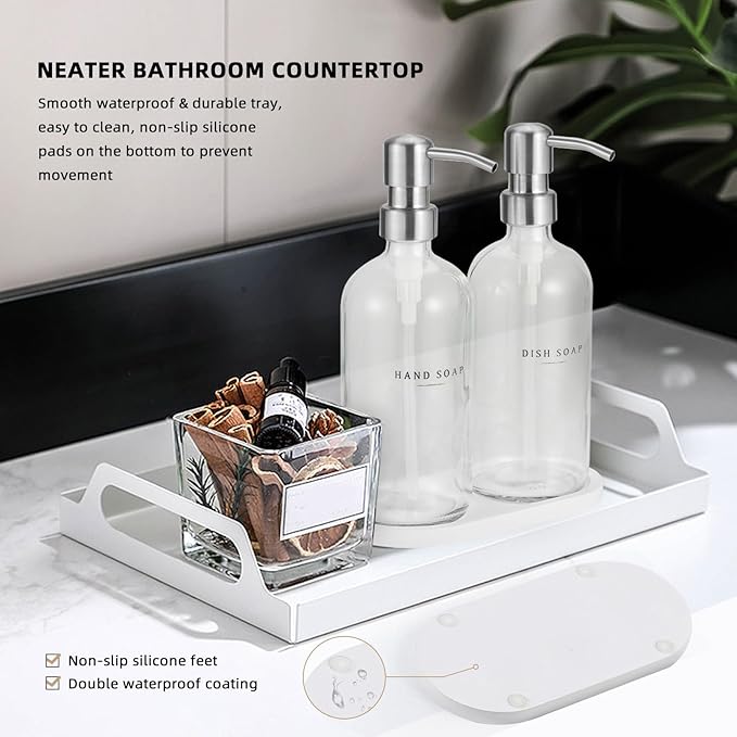 Glass Soap Dispenser - Dish Soap Dispenser for Kitchen, Hand Soap Dispenser Set, Bathroom Soap Dispenser with 304 Rust Proof Pump, Soap Dispenser for Kitchen with Tray, Clear Bottle/Silver Pump