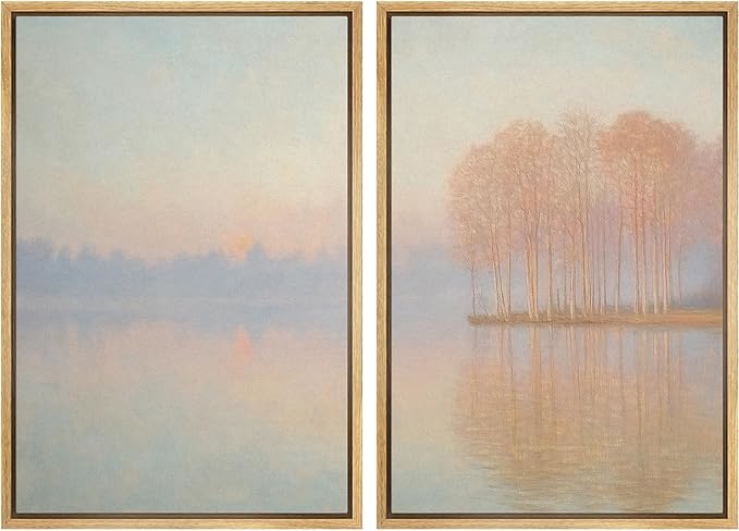 SIGNFORD Framed Canvas Print Wall Art Set Pastel Lake Landscape Serene Sunrise Water Reflection Illustration Modern Art Decorative Nordic Nature for Living Room, Bedroom, Office - 24"x36"x2 Natural