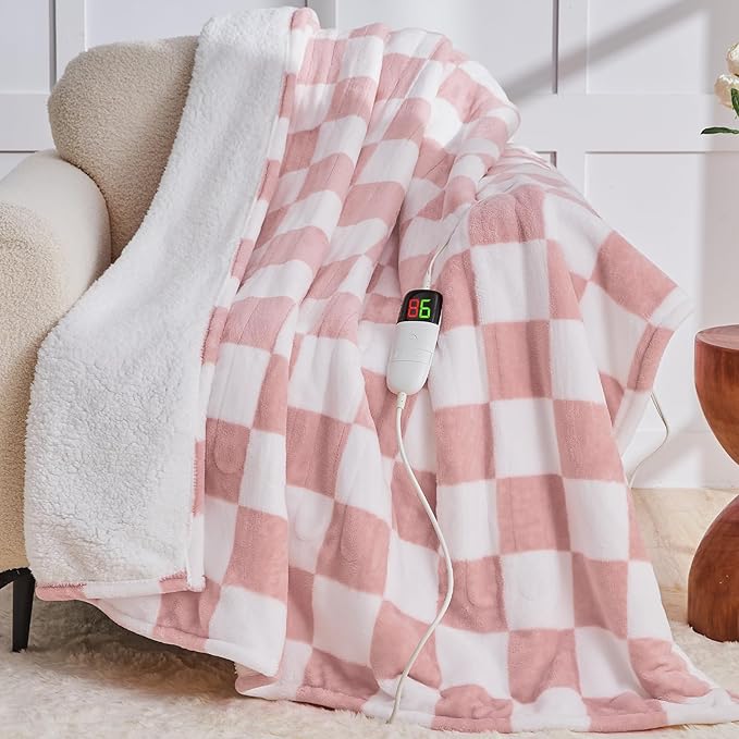 Light Pink Heated Blanket Electric Throw, 50X60 Heating Blanket with 10 Heat Levels & 8 Hours Auto Off for Lap, Checkered Plaid Soft Sherpa Blankets Warmer Gifts for Couch Grandma Women Adults, ETL