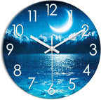 XFM Blue Wall Clock for Bedroom 12 Inch Natural Landscape Round Analog Clocks Battery Operated Moon Wall Clock Non Ticking Decorative for Kitchen Living Room Office