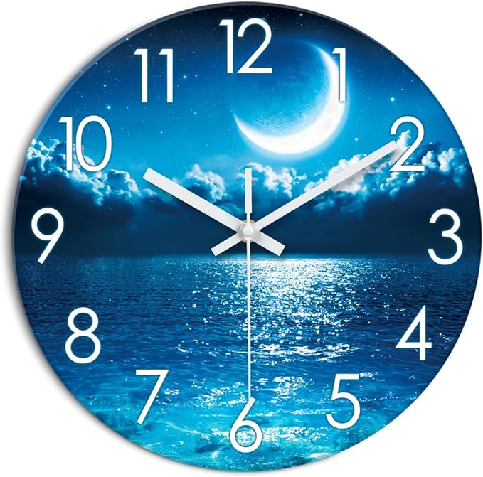 XFM Blue Wall Clock for Bedroom 12 Inch Natural Landscape Round Analog Clocks Battery Operated Moon Wall Clock Non Ticking Decorative for Kitchen Living Room Office