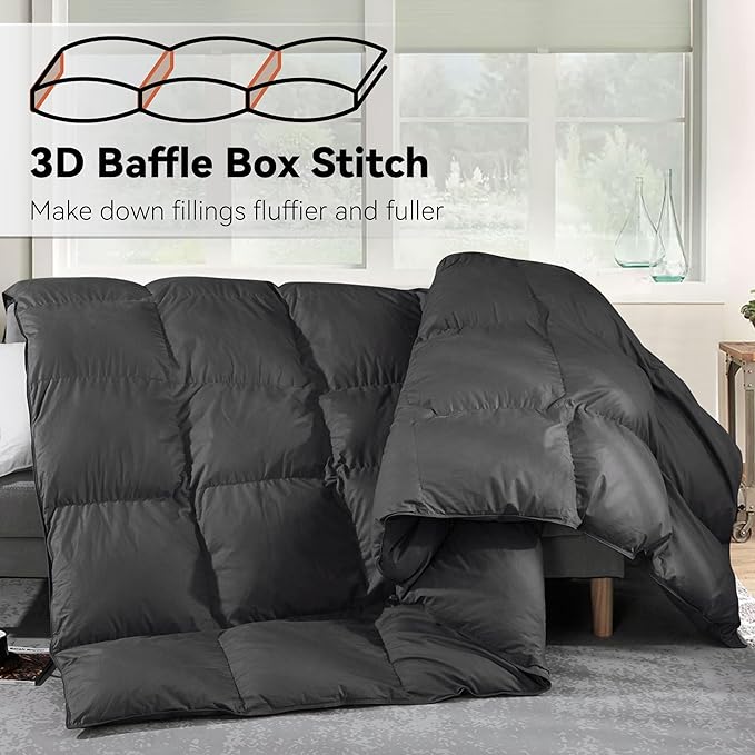 SNOWMAN Premium Down Comforter Queen Size, Luxurious All Season Duvet Insert with Cotton Blended Fabric, 37oz Fill Weight 3D Baffle Box Design Hotel Bedding Comforter (Dark Grey,90"x90")