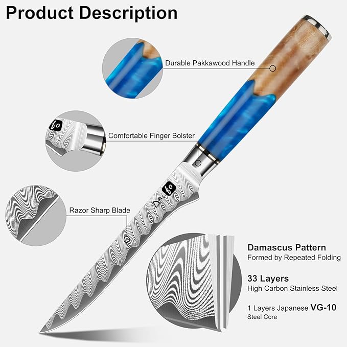 Fillet Knife 6 Inch Damascus Boning Knife for Meat Fish and Poultry Cutting with Super Sharp Japanese Blade with Gift Box and Resin Wood Handle, Ideal Gift for Men and Women