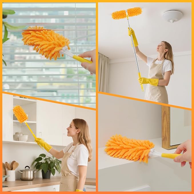 Reusable Duster Refill for Swiffer Duster Refill, 360° Heavy Duty Duster Refills Kit, 5 Pack with 1 Handle Microfiber Ceiling Fan Dusters for Cleaning（Orange, 9PCS）
