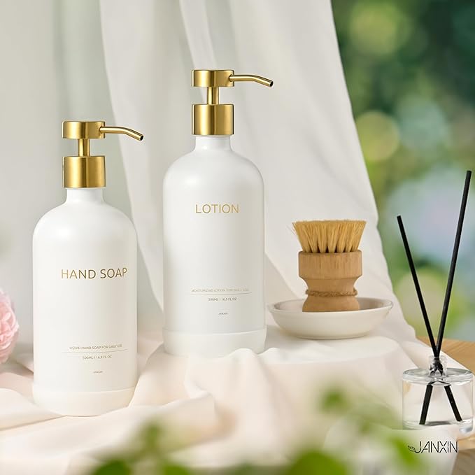 Glass Kitchen Soap Dispenser Set with Ceramic Tray,16.9 floz Hand and Dish Soap Dispenser for Kitchen and Bathroom Decor (White + Gold(Lotion))