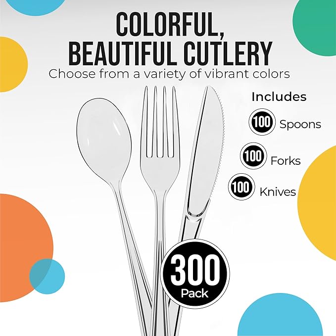 Party Solids Clear Plastic Silverware Heavy Duty 300 Pieces Clear Plastic Cutlery Sets, Utensil Sets, 100 Of Each Forks, Knives & Spoons Disposable Cutlery Set, Flatware Set For Party Supplies