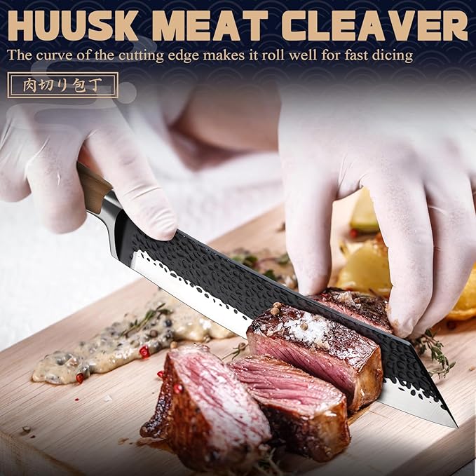 Huusk Butcher Knife 8.5 Inch Meat Cleaver Knife Japanese Vegetable Cleaver High Carbon Steel Meat Cutting Knife Hand Forged Knives for Home Kitchen BBQ with Present Box
