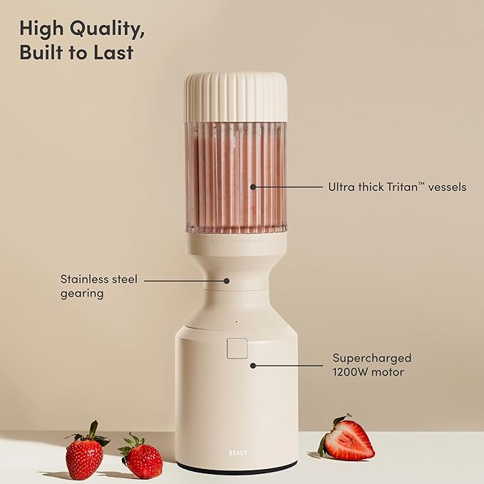 Beast Mega 1200 | Premium Countertop Blender | Smoothies, Shakes, Sauces, Dips, Soups | Blends Ice and Frozen Fruit | Includes Extra Lids and Straw System | 1200W | (Sand, 120V)