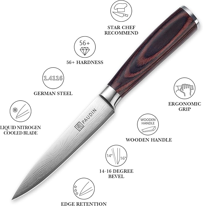 PAUDIN Utility Knife, 5 Inch Chef Knife, Ultra Sharp High Carbon Stainless Steel, Multipurpose Paring Knife for Fruit and Vegetable Cutting with Wooden Handle, Premium Gift Box