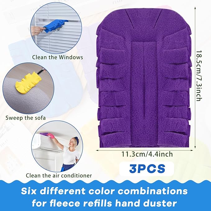 Zubebe 3 Pcs Duster Refill Reusable Fleece Duster Refills Feather Flat Dusters Multi Surface Washable Cleaning Pads Tools for Home, Blinds, Car, Pet, Furniture, Fans (Yellow,Blue,Purple)