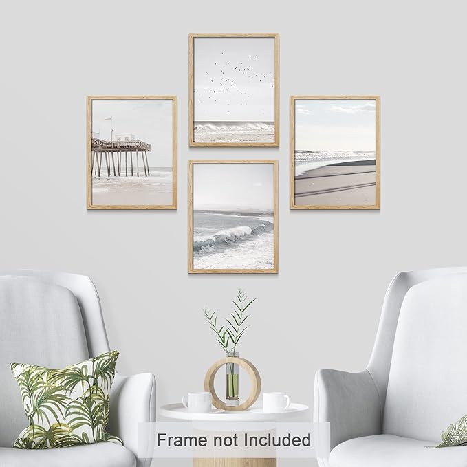 SIGNWIN Poster Bathroom Decor, Wall Art Room Decor Multicolor for Living Room, Bedroom, Office White Minimalist California Ocean Beach Seashore Pier Nature Wilderness Realism Landscape - 12"x16"x4