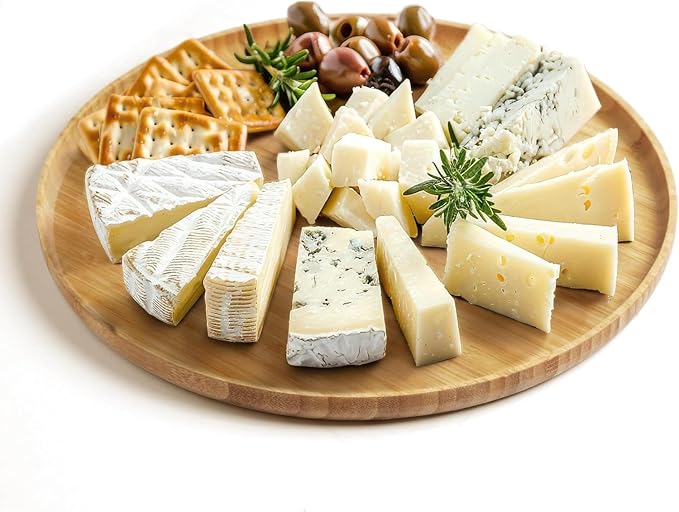 12" Premium Bamboo Round Tray - Natural Multipurpose Serving Platter for Grilling, BBQ, Tea, Coffee & Ottoman Decor