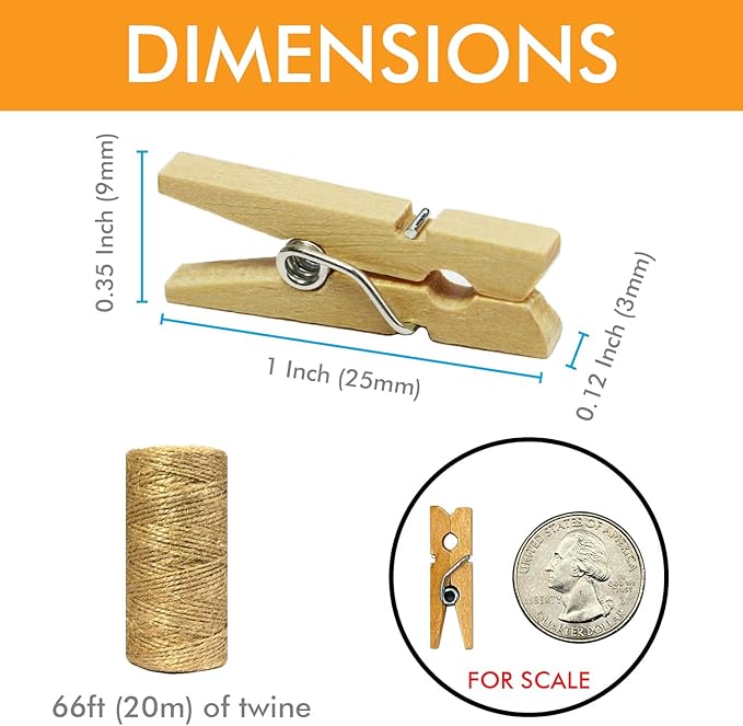 Mini Natural Wooden Clothespins with Jute Twine, 250pcs, 1 Inch Photo Paper Peg Pin Craft Clips with 66ft Natural Twine for Scrapbooking, Arts & Crafts, Hanging Photos (Rustic Brown)