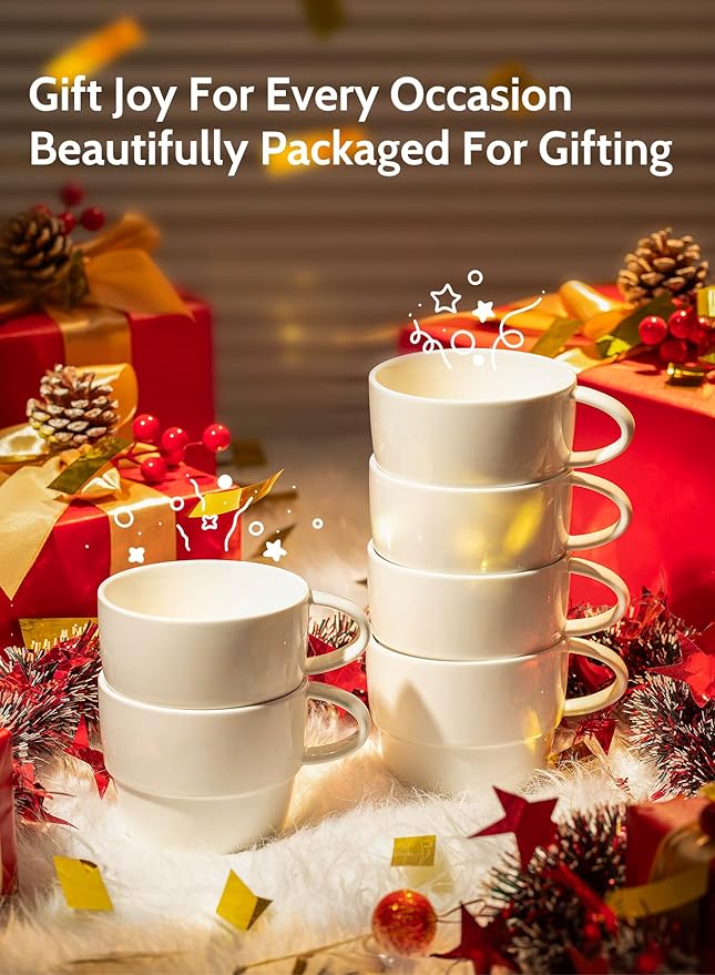 Sweese 6-Pack Porcelain Latte Cups - Stackable 10 Ounce Coffee Mugs for Cappuccino, Mocha, Tea - Space-Saving, Chip-Resistant - Dishwasher Friendly – Ideal for Home and Café, White