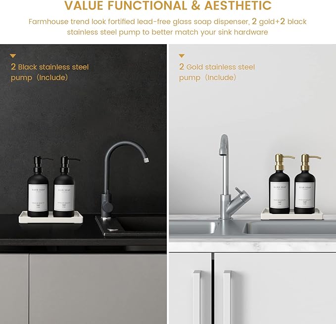 Glass Soap Dispenser for Kitchen Sink,Farmhouse Kitchen Dish Soap Dispenser&Hand Soap Dispenser Set,Rustproof Pump Soap Dispenser Bathroom with Tray,Waterproof Label for Kitchen Decor(Black