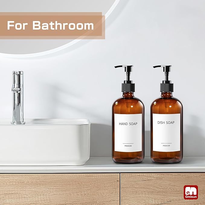 GMISUN Amber Glass Soap Dispenser, 2 Pack Bathroom Hand Soap Dispensers with Stainless Steel Pump, 17 Fl Oz Kitchen Hand and Dish Soap Dispenser Set, Modern Vintage Liquid Brown Soap Dispensers Bottle