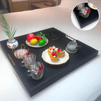 24x24 Inches Extra Large Black Faux Leather Wrapped Wood Ottoman Tray with Golden Handles for Serving Food and Breakfast On Bed, Square Coffee Table Organizer, Home Decor and Decorative