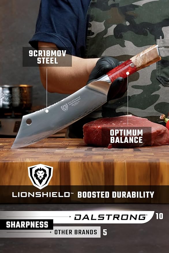 Dalstrong Chef & Cleaver Hybrid Knife - The 'Crixus' - 8 inch - Valhalla Series - 9CR18MOV HC Steel - Red Resin & Wood Handle - Razor Sharp Chef's Knife - w/Leather Sheath