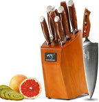 Damascus Kitchen Knife Set, 9-Piece Knives Set for Kitchen with Block, Non-slip G10 Ergonomic Triple Rivet Handle for Chef Knives, Knife Sharpener and Kitchen Shears, Natural Wood Block (Red)