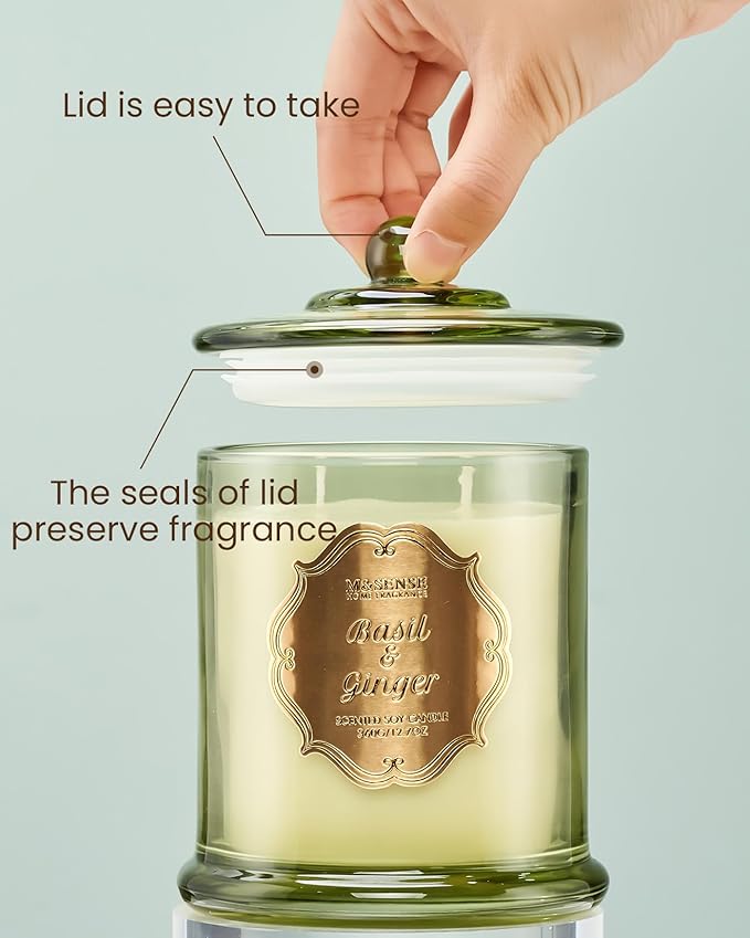 M&SENSE Basil Ginger Scented Candles, Plant-Based Soy Candles Non Toxic Soot-Free, Relaxing Air Purifying Stress Relief on Bathtub, 2 Wick 12.7oz Large Jar Candle 75 Hour Long Lasting, Father Gifts