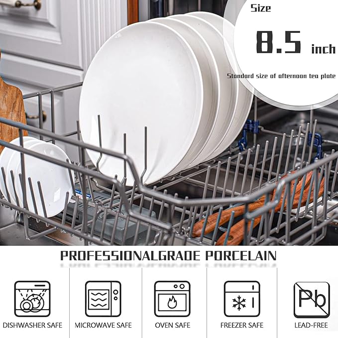 Amazon 6-Piece 8.5" White Dinner Plates Lightweight Round Plates, Simply Dessert Plate, Triple Layer Glass and Chip Resistant, for Microwave and Dishwasher Safe Scratch Resistant, Winter Frost White