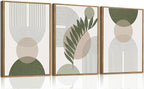 Bwodke Boho Wall Art, Framed Abstract Wall Art, Sage Green Canvas Wall Decor, Mid Century Line Leaf Geometric Pictures Set of 3, Minimalist Paintings, for Bedroom Living Room Bathroom 16"x24"