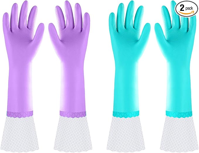 Elgood Reusable Long Dishwashing Cleaning Gloves with Latex Free, Long Cuff,Cotton Lining,Kitchen Gloves 2 Pairs,Purple+Blue Large