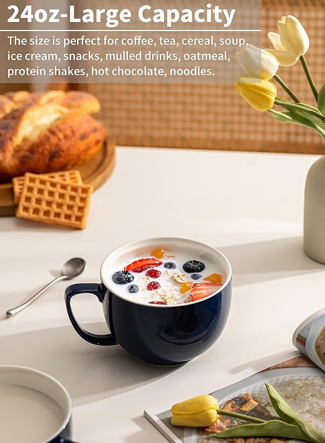 Teocera Porcelain Coffee Mugs, Soup Mugs Bowls with Handle, 24 oz Latte Mugs Set of 4 - Striped Design, Navy