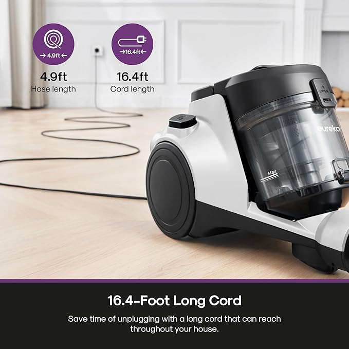 Eureka Bagless Canister Vacuum Cleaner, 1100W High Power Vacuum Cleaner for Carpets and Hard Floors HEPA Filter Extension Tube 2-in-1 Crevice Tool Floor Nozzle, NEN121WH