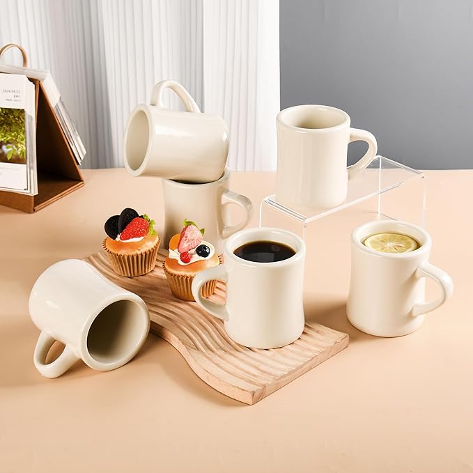 11oz Ceramic Coffee Mug set Stoneware Coffee Cups Set for Restaurant, Diner, Farmhouse, Coffee Shop, Home set of 6 (Cream)