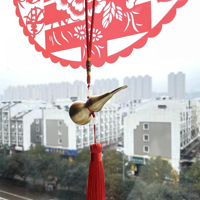 Feng Shui Hanging Ornaments Decor,Wu Lou Golden Gourd,with Red Luck Strip Tassel Treasure for Ideal Car Pendant,Bedroom,Door,Desk lamp,Bring Good Luck,Safty,Healthy,2.16inch Tall,Full Brass