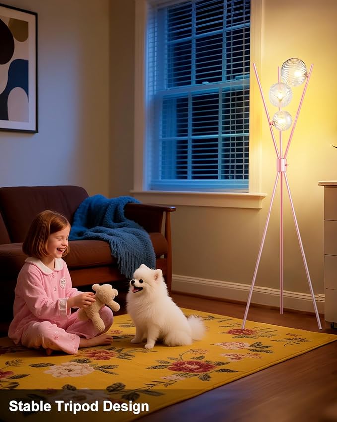 Lightdot Tripod Floor Lamp Dimmable Pink Standing Lamps with Globe Clear Glass Lampshade 3PCS 3000K G9 Bulbs Included Mid Century Modern Floor Lamp for Living Room/Bedroom
