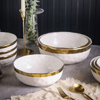 Stone Lain Florian Porcelain 3-Piece Round Bowl Service Set, White with Gold Rim