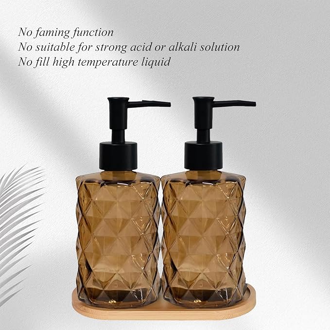 Glass Hand and Dish Soap Dispenser Set of 2 with Plastic Pumps, Bamboo Tray, 12oz Brown Bathroom Soap Dispenser with Diamond for Hand Wash & Dish Wash, Ideal for Bathroom Kitchen Countertop