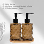 Glass Hand and Dish Soap Dispenser Set of 2 with Plastic Pumps, Bamboo Tray, 12oz Brown Bathroom Soap Dispenser with Diamond for Hand Wash & Dish Wash, Ideal for Bathroom Kitchen Countertop