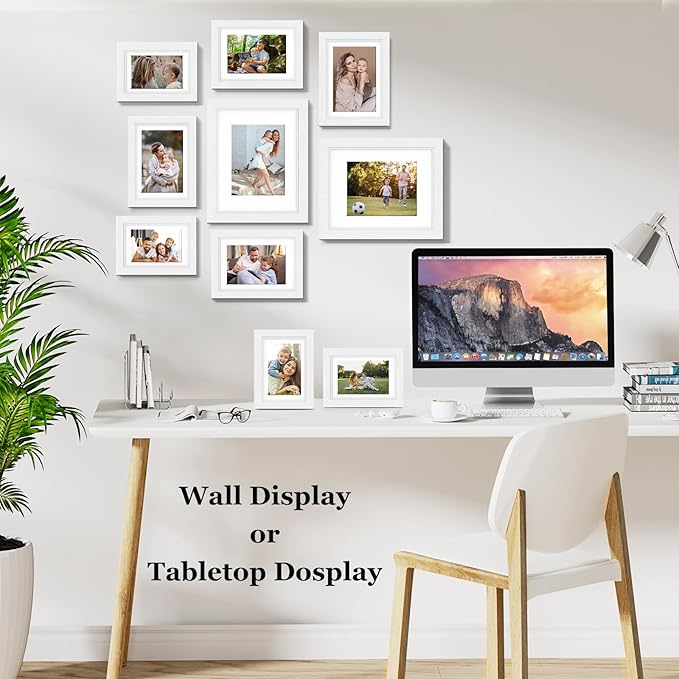 Picture Frames Set of 10 White, Bulk MDF Frames for 8x10, 5x7, 4x6 Photos Real Glass for Wall or Tabletop