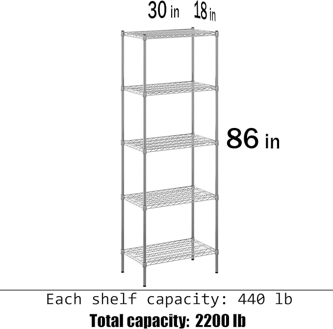 18" Deep x 30" Wide x 86" Height Wire Shelving Kit | 5-Tier | NSF Commercial Storage Rack Unit