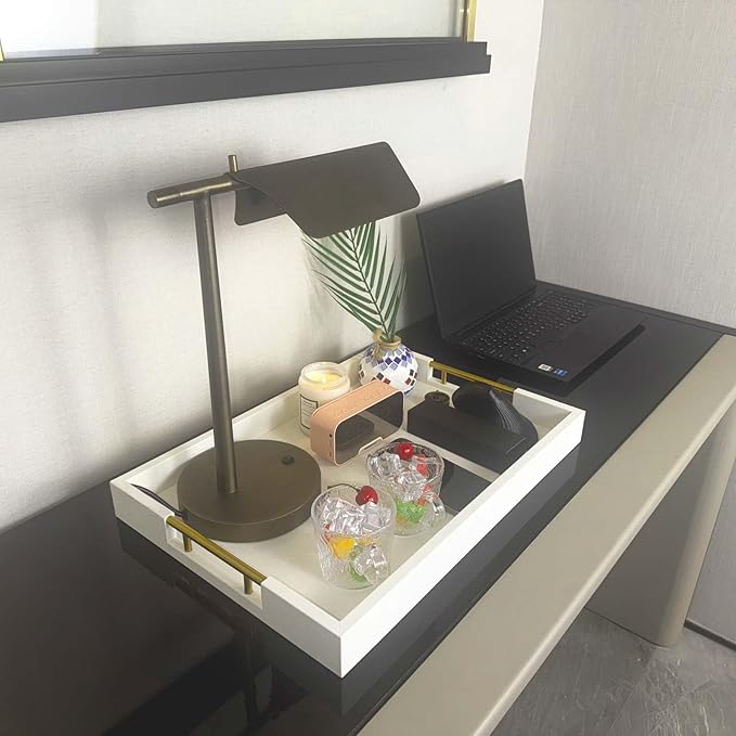 14x20 Inches White Faux Leather Wrapped Wood Serving Tray with Metal Handles for Various Occasions, Ottoman, Home Decor Decorative, Living Room, Coffee Table Organizer, Serving Breakfast On Bed