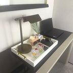 14x20 Inches White Faux Leather Wrapped Wood Serving Tray with Metal Handles for Various Occasions, Ottoman, Home Decor Decorative, Living Room, Coffee Table Organizer, Serving Breakfast On Bed